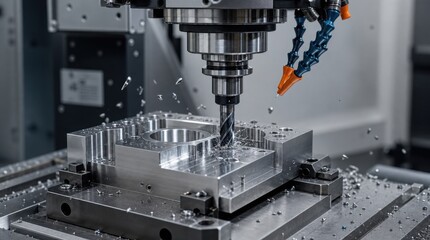 Fototapeta premium A CNC machine drill bit cutting and shaping a metal workpiece, producing metal shavings in an industrial setting.