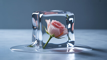 A beautiful pink rose flower trapped inside a large square melting ice cube on a flat surface with soft blue lighting creating a cool and refreshing atmosphere for a creative concept © Creative Assets Hub 