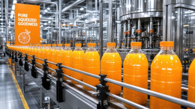 Bottles of orange juice moving on an automated production line inside a modern factory.