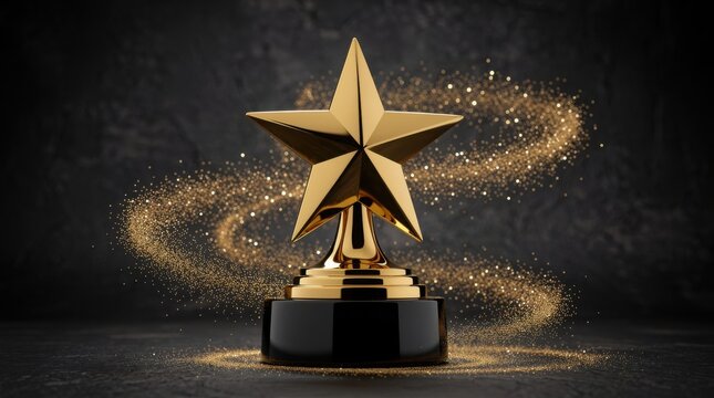 A golden star trophy on a black base with sparkling golden dust swirling around it on a dark textured background.