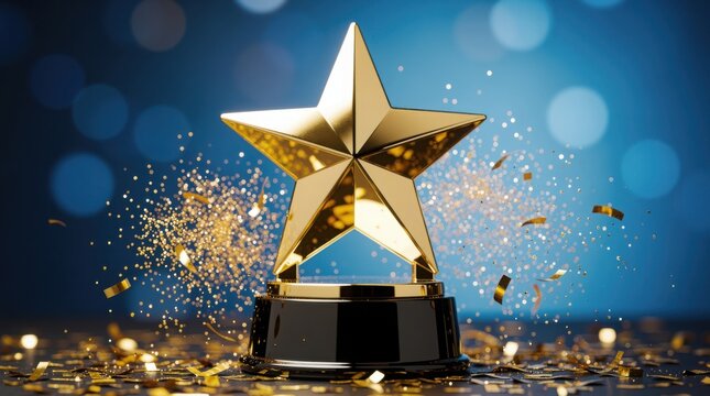 A shiny gold star trophy on a black base with sparkling confetti and a blue bokeh background, symbolizing achievement and celebration.
