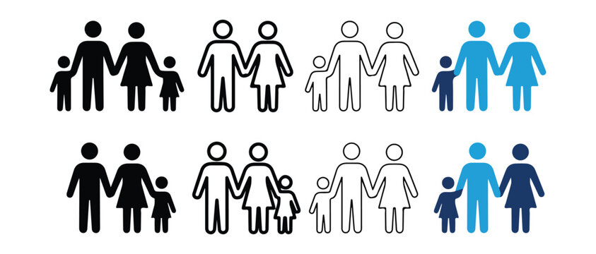 family icons depicting different types of parents and children holding hands in simple line art style