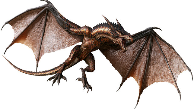 Brown metallic dragon with large wings spread wide