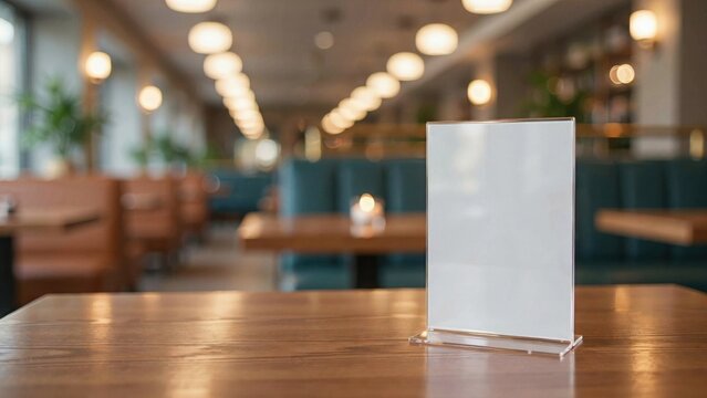 Blank menu card on a restaurant table. Empty table tent for food promotion or branding.