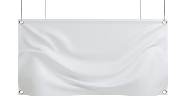 White fabric banner with grommets hanging by wires