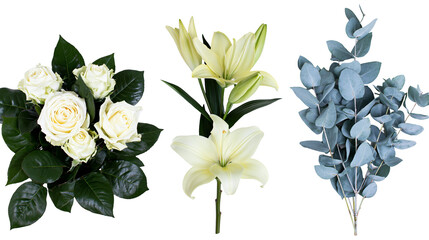 White roses bouquet lily flower, and eucalyptus branches © Elowen