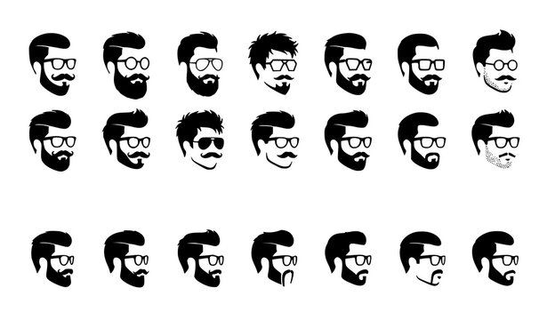 Modern Hipster Man Face Black Silhouette Vector Collection with Mustache and Glasses