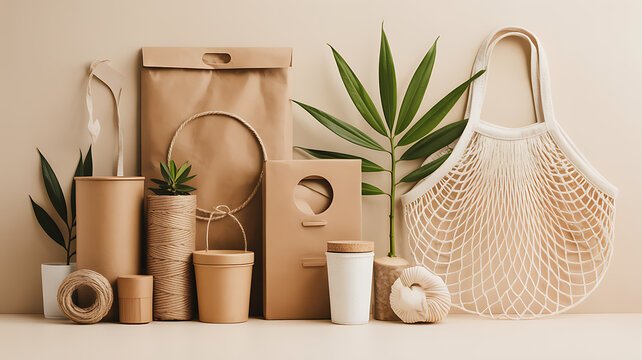 Eco friendly brown paper packaging and reusable net shopping bag with green leaves for sustainable zero waste lifestyle and natural product branding presentation on a light beige background