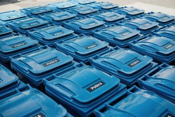 Fototapeta premium Rows of blue plastic recycling bins. Stacked waste containers for municipal garbage collection.