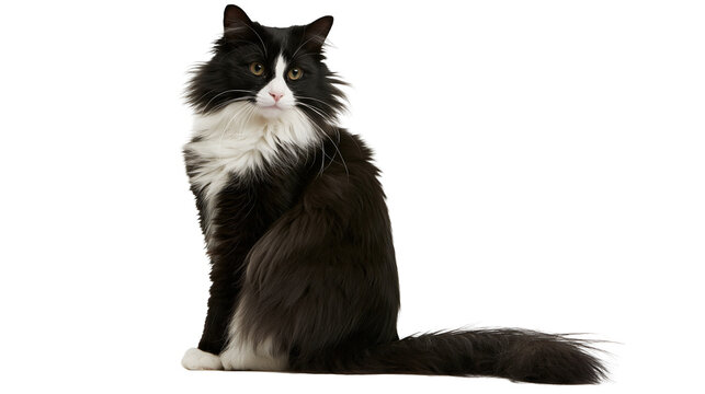 Fluffy black and white cat with green eyes sitting