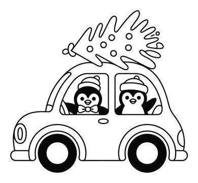 Lindos ping&uuml;inos conduciendo un auto con un &aacute;rbol de Navidad