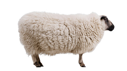 Fluffy white sheep with dark face and legs standing profile © Elowen