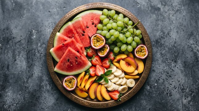 Top view of a wooden platter filled with fresh watermelon slices green grapes passion fruit and sliced peaches