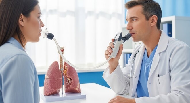 Doctor performs pulmonary function test using spirometer on patient, with lung anatomy model for explanation