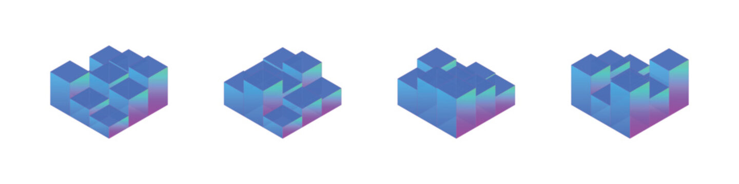 Abstract 3d isometric geometric cubes in blue and purple gradient colors.