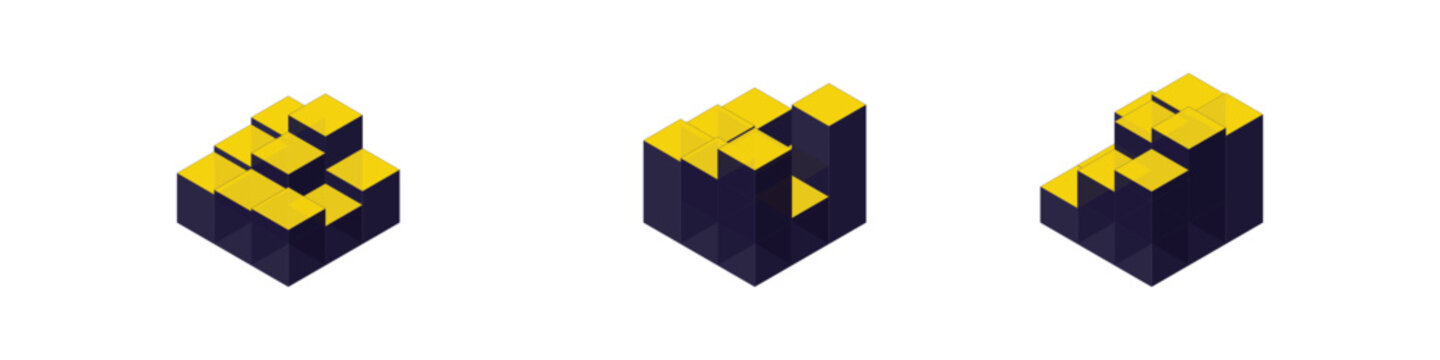 Abstract 3d isometric geometric cubes in dark blue and yellow colors.