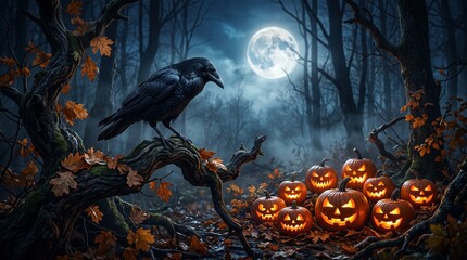 Fototapeta premium A black raven perched on a twisted old tree branch overlooking several glowing Jack-o'-lanterns in a spooky autumn forest under a full moon.