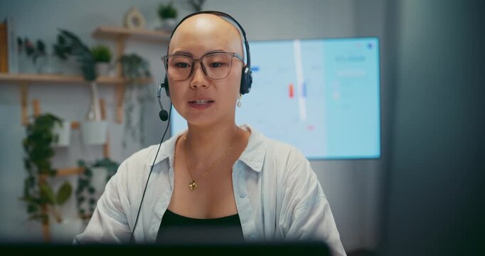Young Asian female agent talking on phone headset consulting client online in call center office. Corporate customer service, technical support, remote tech operator, business team help desk concept.