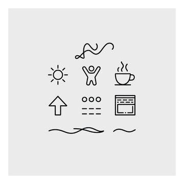 Conjunto de l&iacute;neas minimalistas con sol, caf&eacute; y s&iacute;mbolos abstractos