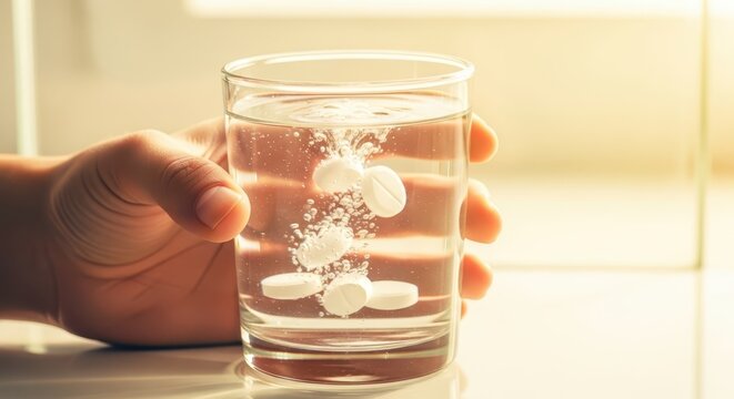 Hand holding a glass of water with effervescent tablets dissolving and creating bubbles, bright natural light
