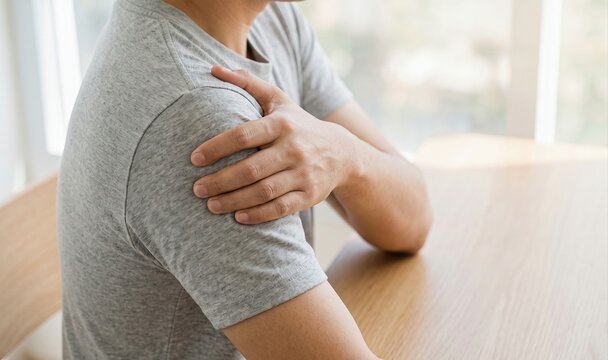Man experiencing acute shoulder pain, holding arm while sitting indoors, physical health and discomfort concept.