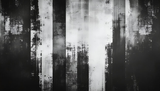 A striking black and white abstract image features vertical stripes with distressed textures, creating a visually compelling and artistic composition.