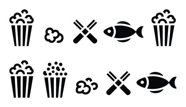 Conjunto en blanco y negro con palomitas de ma&iacute;z, palillos chinos y peces