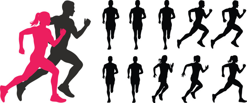 Running athletes silhouettes collection featuring men and women jogging sprinting and training isolated on white background