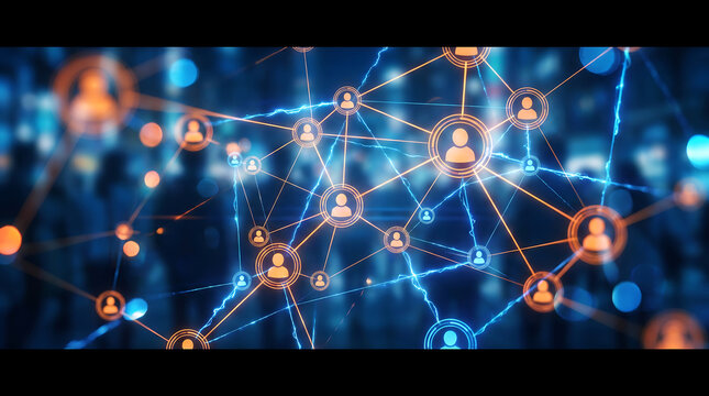Abstract network connections with glowing human silhouettes representing people and data flow in a futuristic digital communication concept