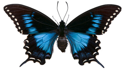 Black and blue butterfly with white spots on wings © Elowen