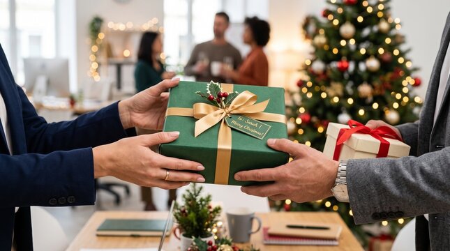 Elegant exchange of Christmas gifts between colleagues in an office