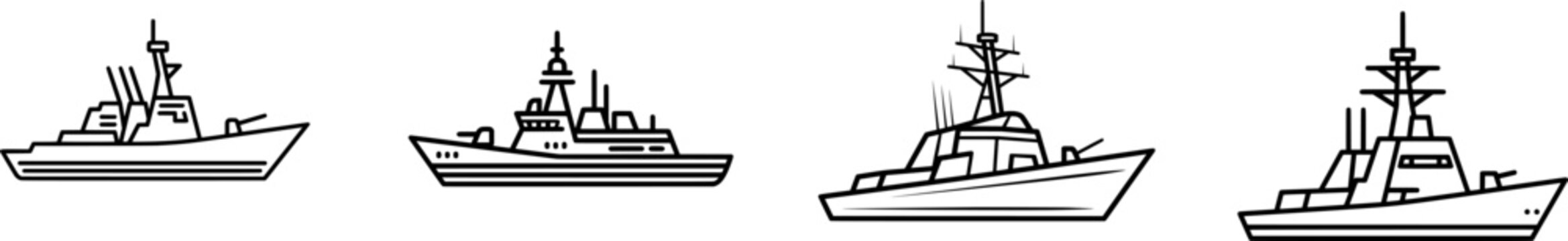 A sleek modern destroyer warship in a minimalist flat vector style stands isolated on a pure white background, showcasing its streamlined design and uniform lines