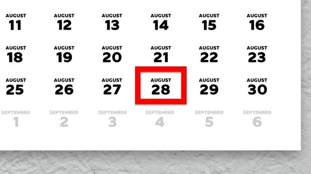 Red cursor highlighting August 28th on a 2026 wall calendar page