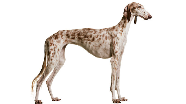 Spotted Saluki dog standing profile view