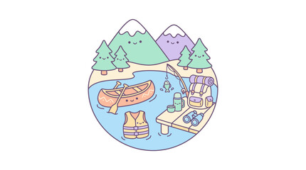 Fototapeta premium Cute Kawaii Lake Fishing Scene Doodle