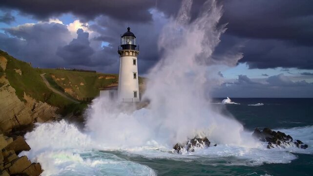 Waves crash against a lighthouse by the ocean during a stormy evening