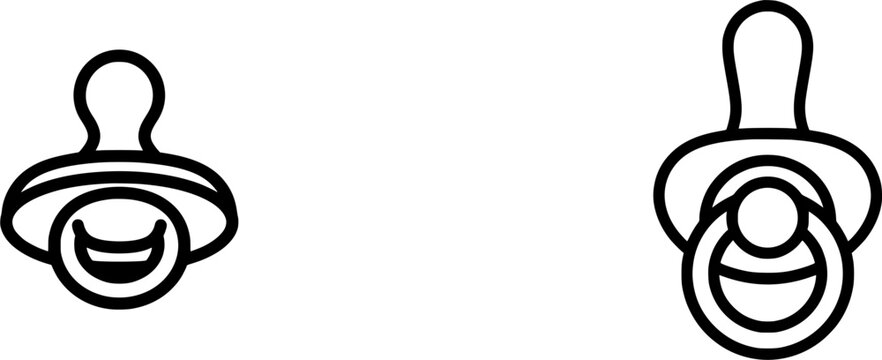 A minimalist black outline pacifier icon with thick uniform lines is isolated on a pure white background in a flat vector design
