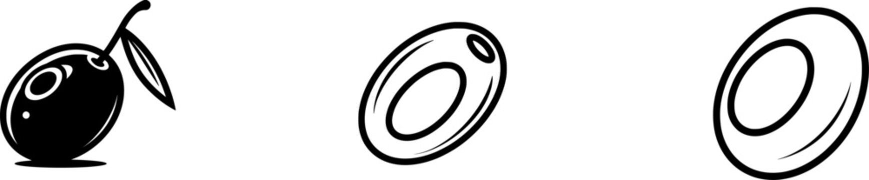 A minimalist black outline of a small pitted olive with a leaf stem, isolated on pure white background in a flat vector style
