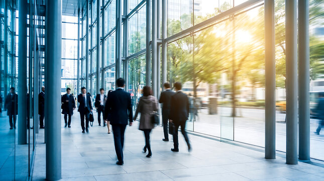 Modern office building interior with blurred motion of business people walking through a bright and airy lobby during a sunny day