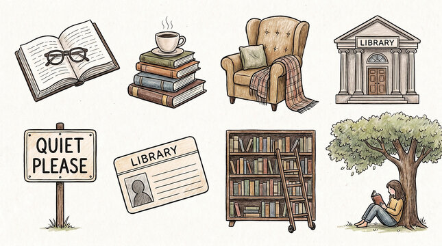 Cozy library themed clipart collection featuring a comfortable reading chair, stacked books, steaming coffee cup, bookshelf and library membership card. Perfect for education, book lovers, planners.