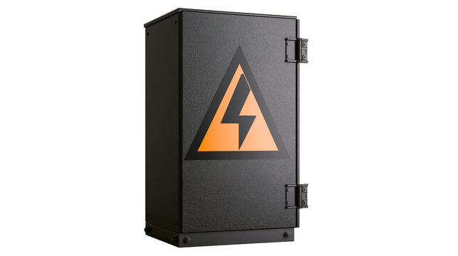 Black electrical warning box with orange lightning bolt symbol