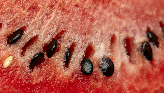 A close-up shot reveals the vibrant red flesh and scattered black seeds of a freshly cut watermelon, showcasing its juicy texture and natural beauty.