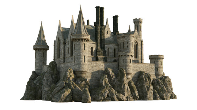 Stone castle with spires and towers on rocky outcrop