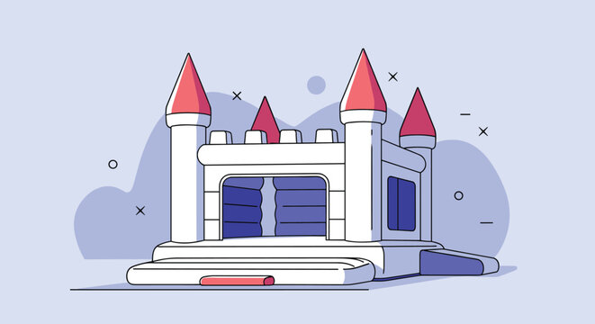 Inflatable bouncy castle playhouse with red pointed towers and white walls isolated on a soft blue background.