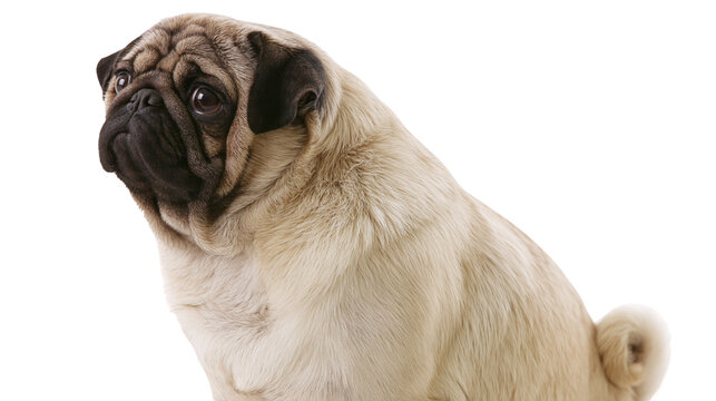 Fawn pug dog with wrinkled face and curled tail