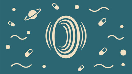 Abstract cosmic portal with planet capsules and wavy lines vector illustration in teal background © asyamusyaffa_