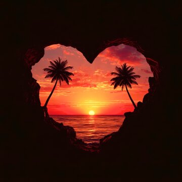 Heart-shaped cave frames sunset over ocean