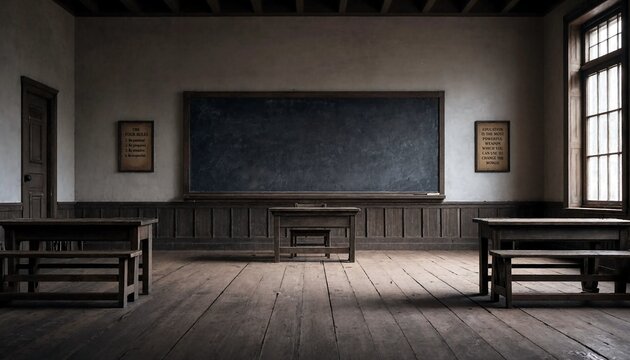 Empty vintage classroom with wooden desks and a large chalkboard