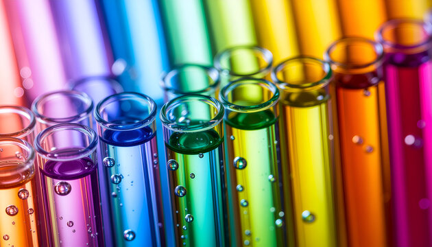 A vibrant array of colorful liquids are displayed in a row of test tubes, showcasing a spectrum of hues and scientific experimentation.