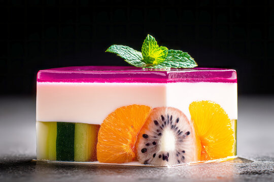 Delightful layers of jelly and cream show colorful fruit in a dessert served during a festive gathering